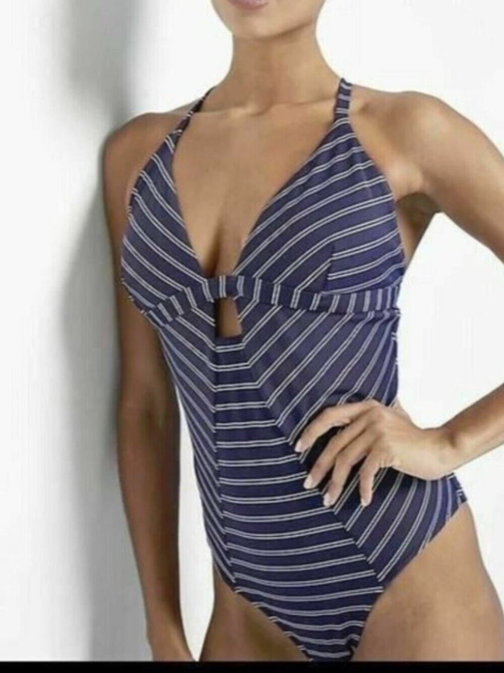 Athleta Piha Navy Blue & White Striped Swimsuit Size L